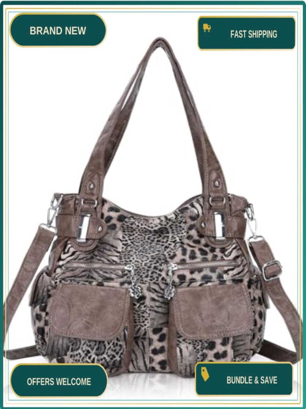 Washed PU Leather Hobo Bag Large Double Zipper Multi Pocket Shoulder Purse